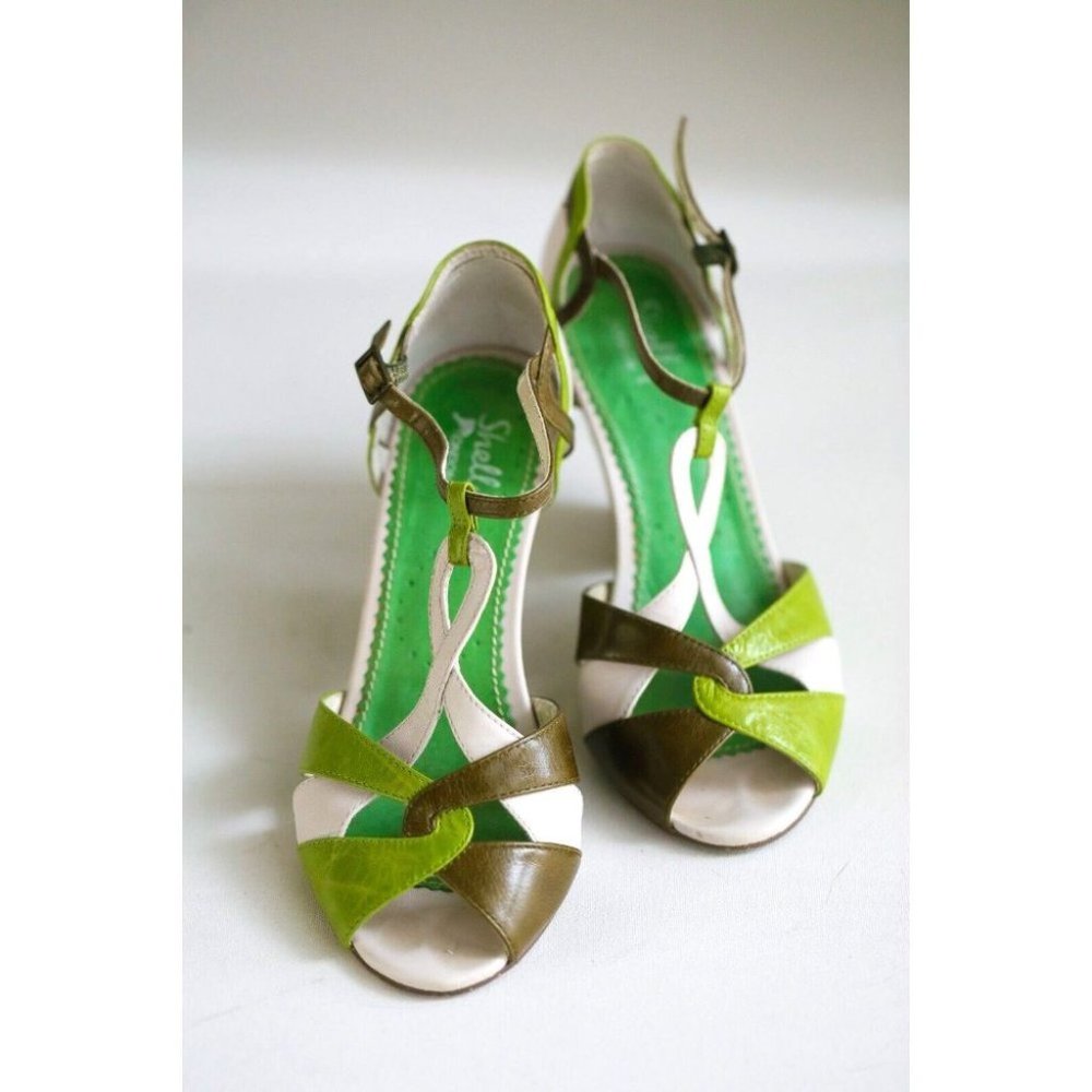 Shellys London Cute Retro Style Strappy Green White Block Heels 38 - Picture 2 of 9